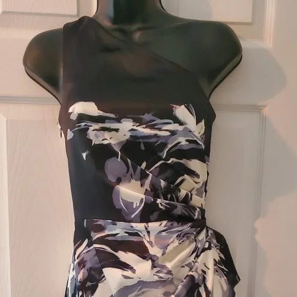 london times one shoulder dress London Times NWT One Shoulder Dress Size 12 Black Gold Bow Cocktail Party Glam